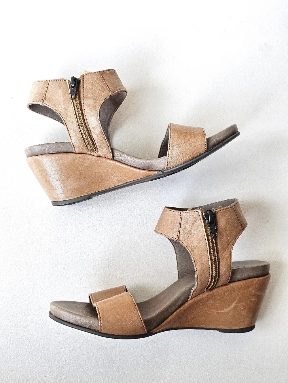 Ethem Italian Leather Wedge Sandals EU 37 Tan Ankle Zip Comfort Open Toe Shoes